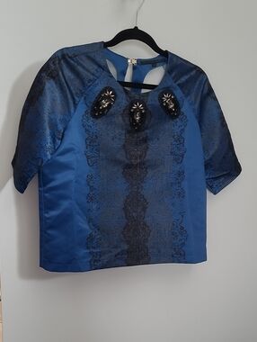 Silvian Heach Womens Blue Embellished Short-Sleeve Top, Small